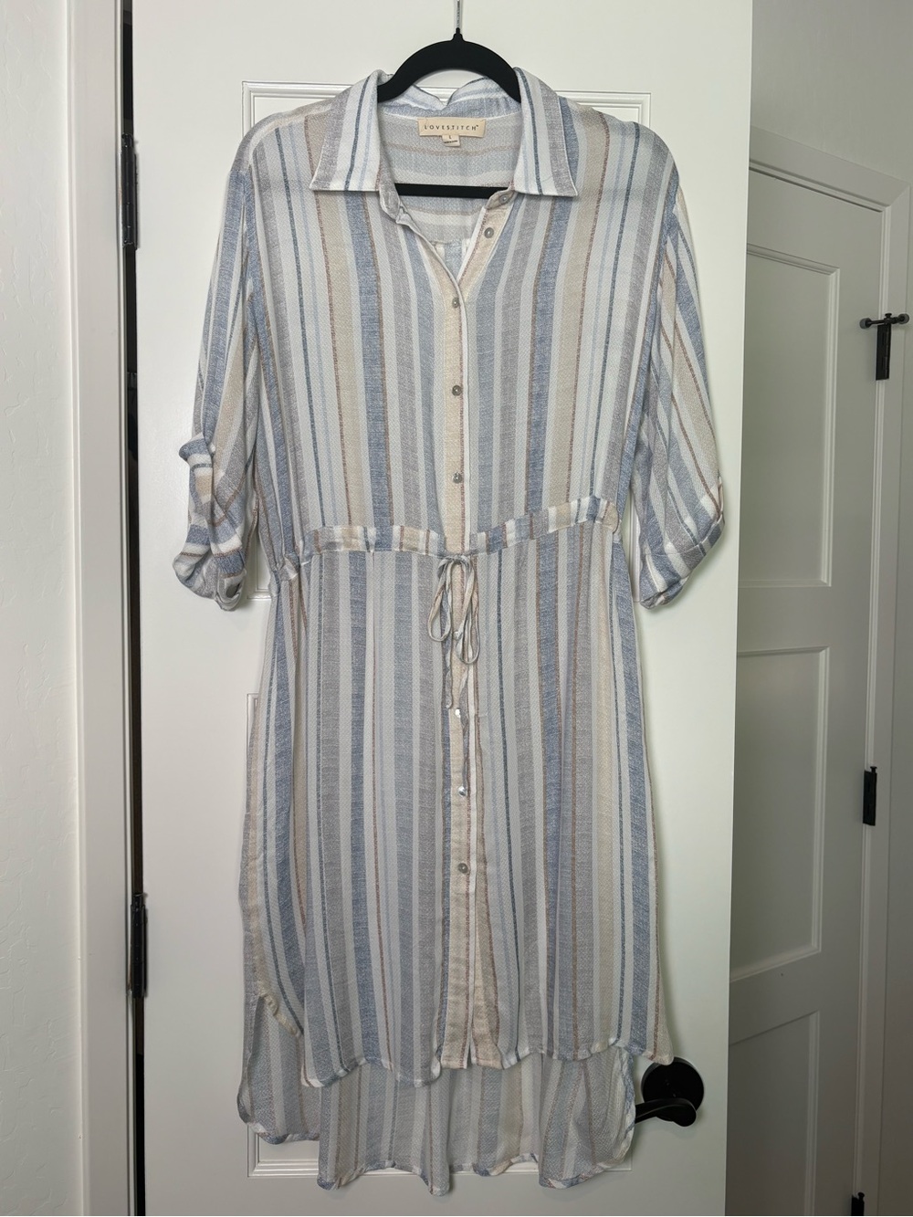 Lovestitch Button-Front Striped Shirt Dress in Blue & Cream (Large)
